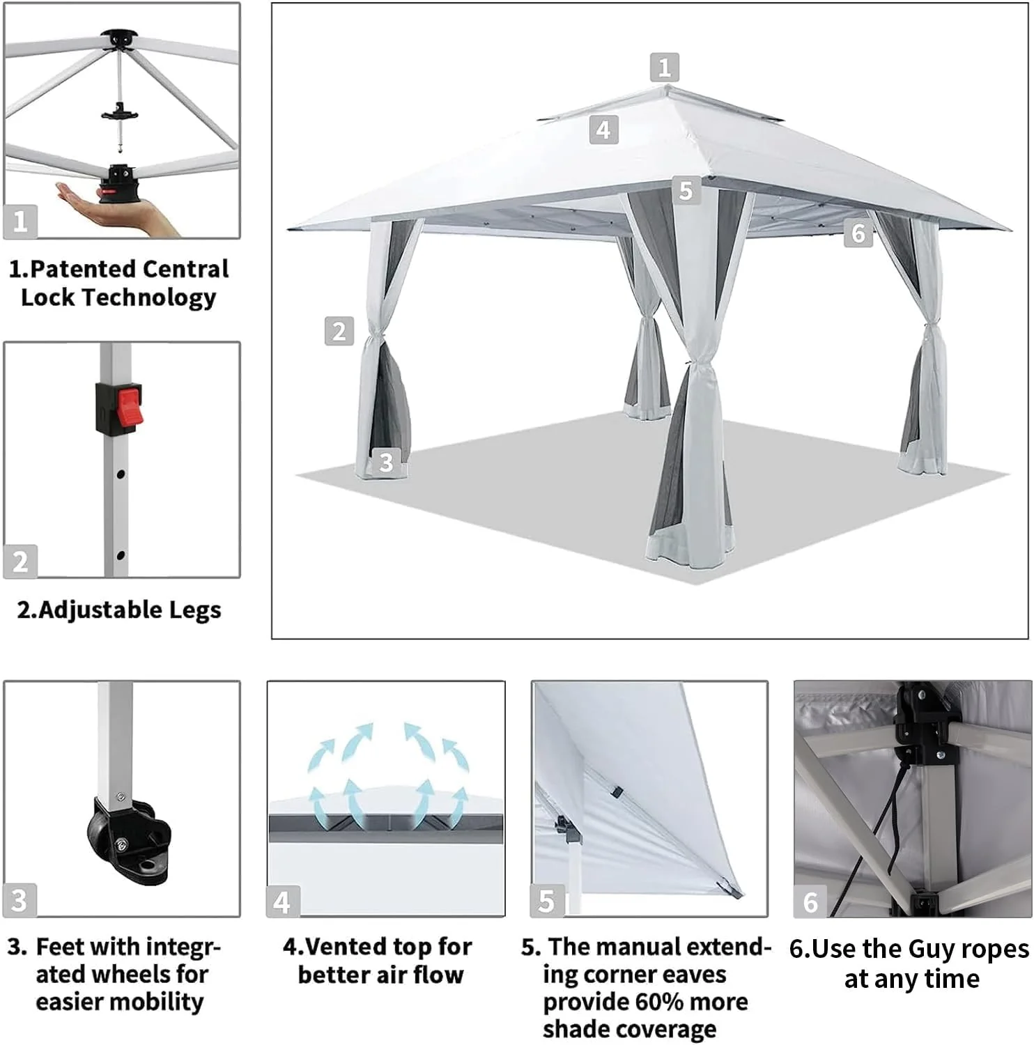 CROWN SHADES 13x13 Pop Up Gazebo, Canopy Tent, Gazebos on Clearance - Outdoor Gazebo for Backyard & Patio Furniture - Carpa Pop Up Tent with Wheeled STO-N-Go Cover Bag (White)
