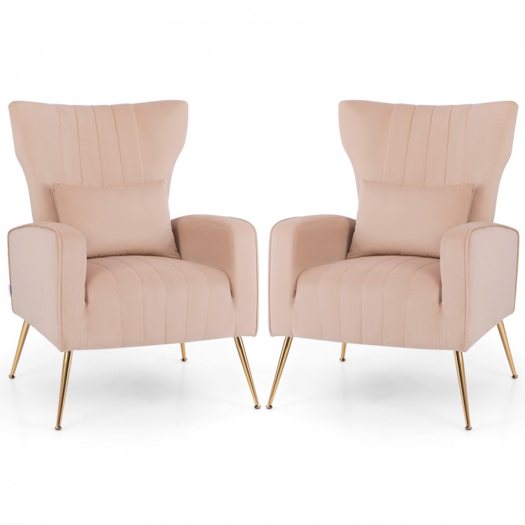 Velvet Upholstered Wingback Chair with Lumbar Pillow and Golden Metal Legs