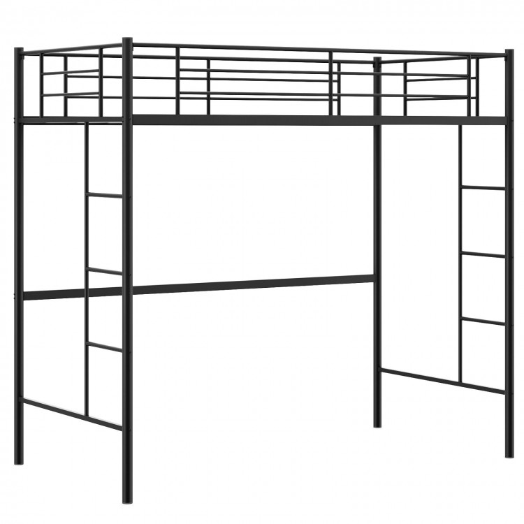 Twin Size Space-saving Metal Loft Bed with Full-Length Guardrail and 2 Ladders