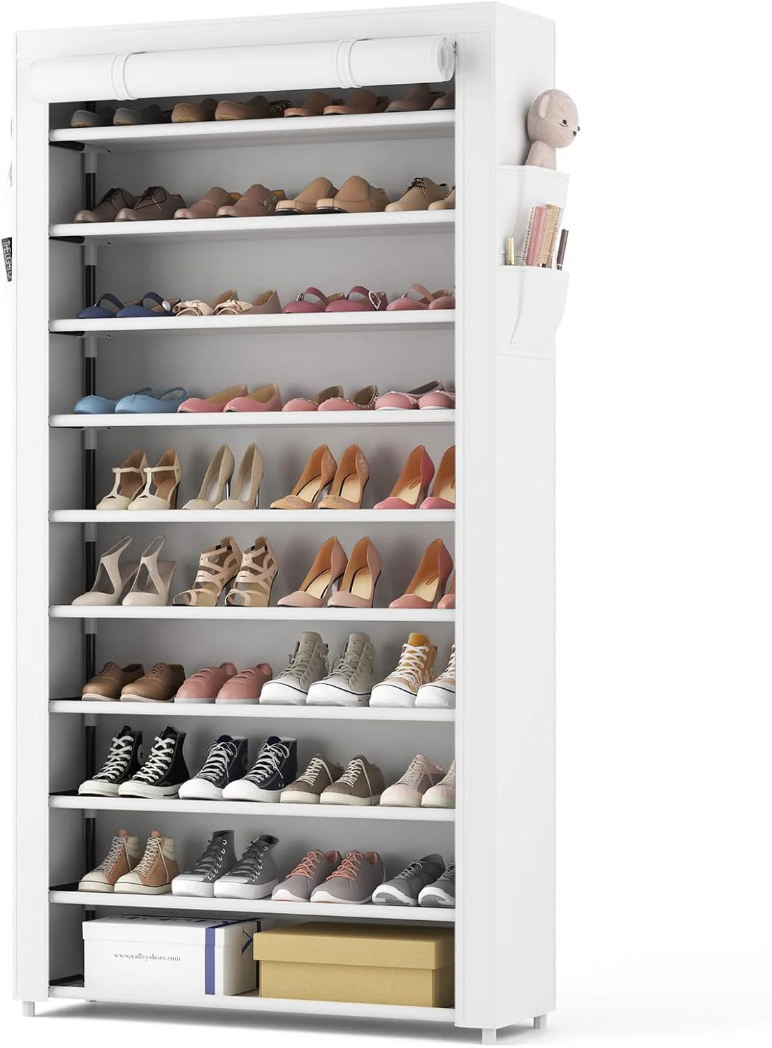 ROJASOP 10 Tier Shoe Rack with Covers,Large Capacity Stackable Tall Shoe Shelf Storage to 50-55 Pairs Shoes and Boots Sturdy Metal Free Standing Shoe Rack Organizer for Closet Entryway Garage