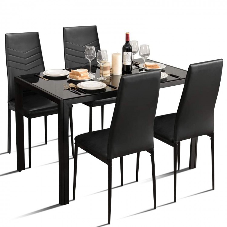 5 Pieces Kitchen Dining Set with Glass Metal Table and 4 Chairs Breakfast Furniture