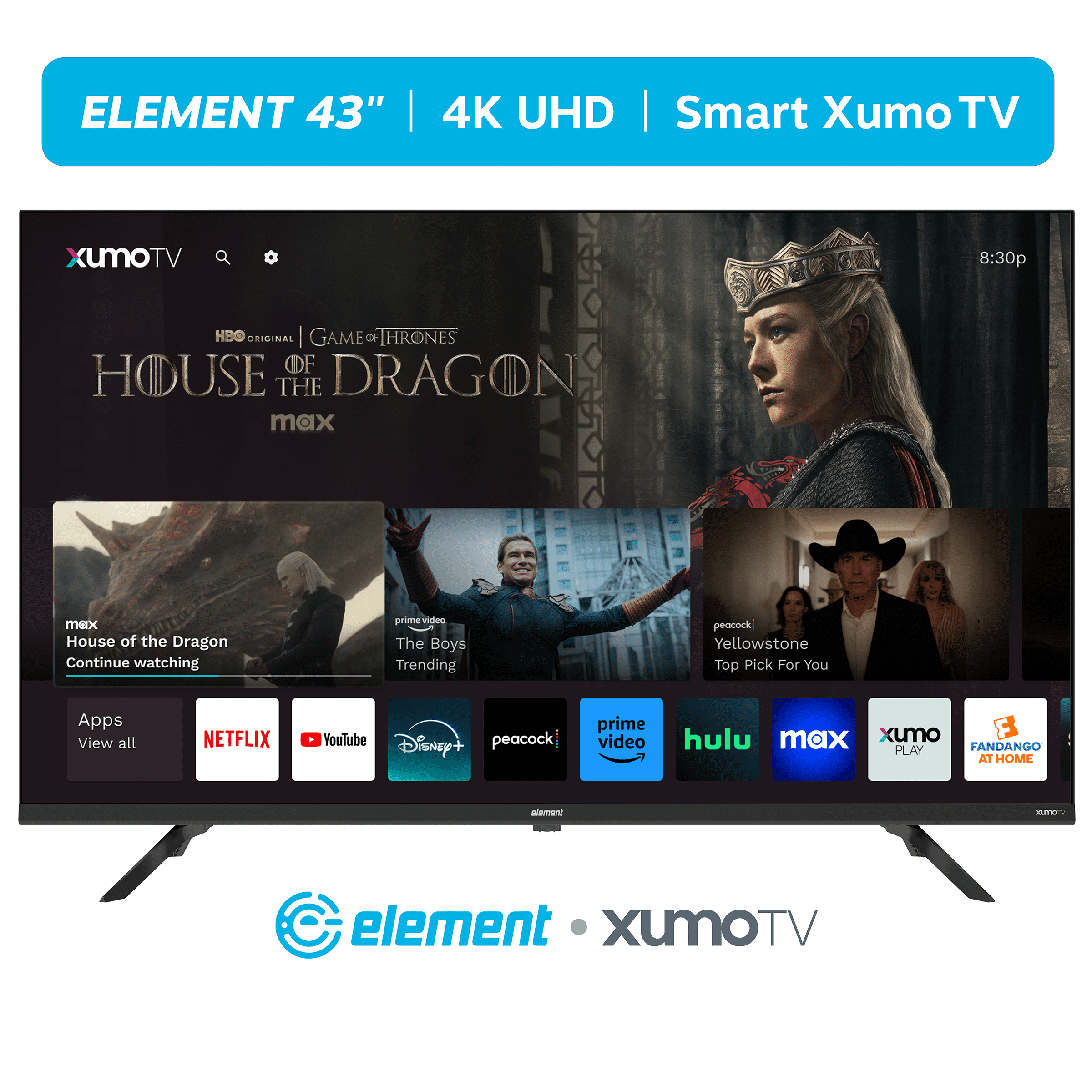 Element 43′′ 4K UHD Xumo Smart TV with Dolby Vision & HDR, 120Hz Refresh Rate, Wi-Fi, Bluetooth, Voice Remote