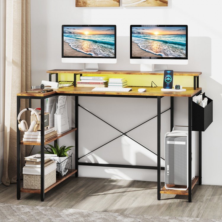 L-Shaped Gaming Desk with LED Lights and Power Outlets