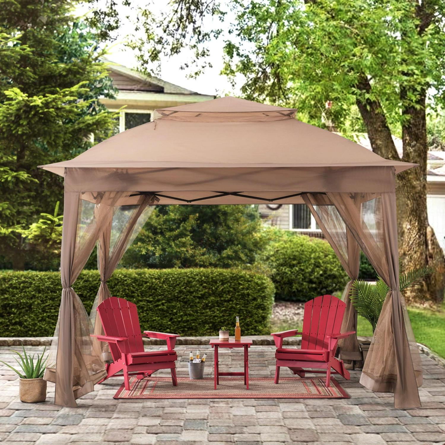Sunjoy Tawney 11×11 ft. Khaki Steel Pop-Up Gazebo with Netting & Carry Bag