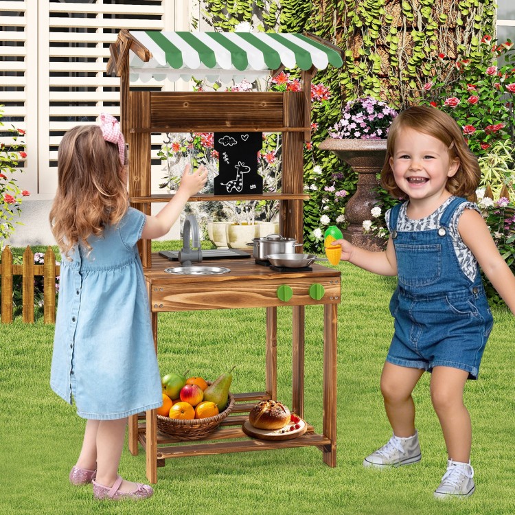 Double-Sided Mud Kitchen with Canopy and Chalkboard for 3+ Years Old