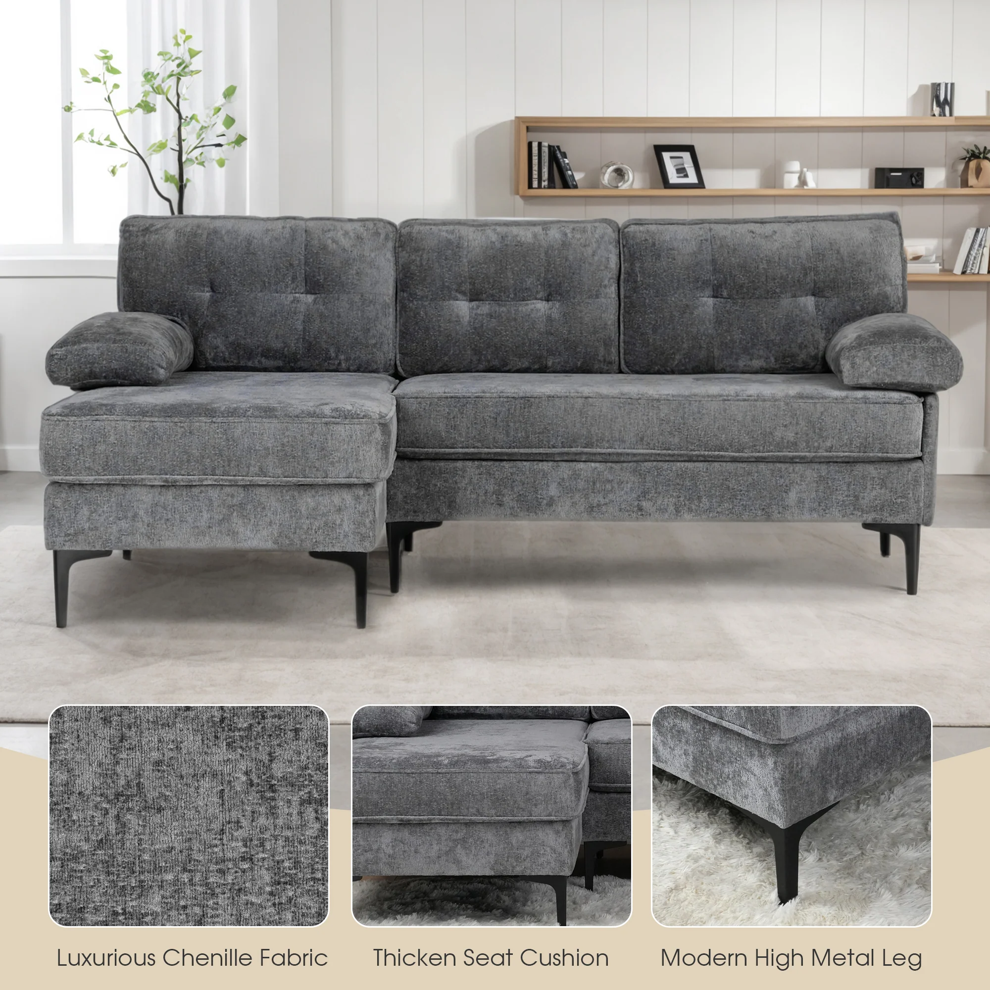 Sofa 3 Seaters Sofa L Shape Grey
