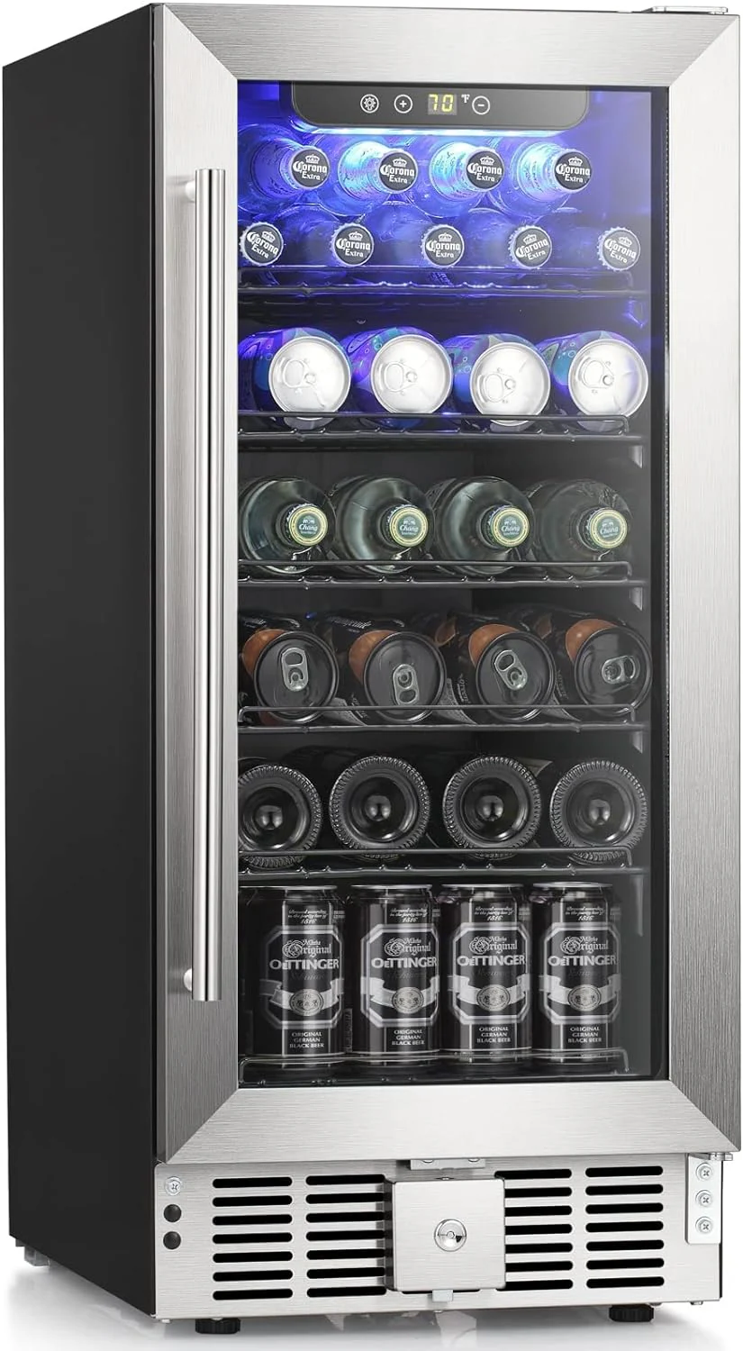 Antarctic Star 2.9 Cu.Ft Beverage Refrigerator, 115-Can Capacity, Low Noise, Glass Door, Stainless Steel, LED Light, Safety Lock, 15-Inch Width