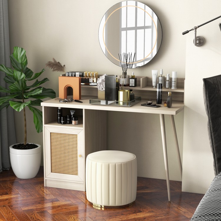 48 Inch Computer Desk with Hutch and PE Rattan Cabinet Shelves