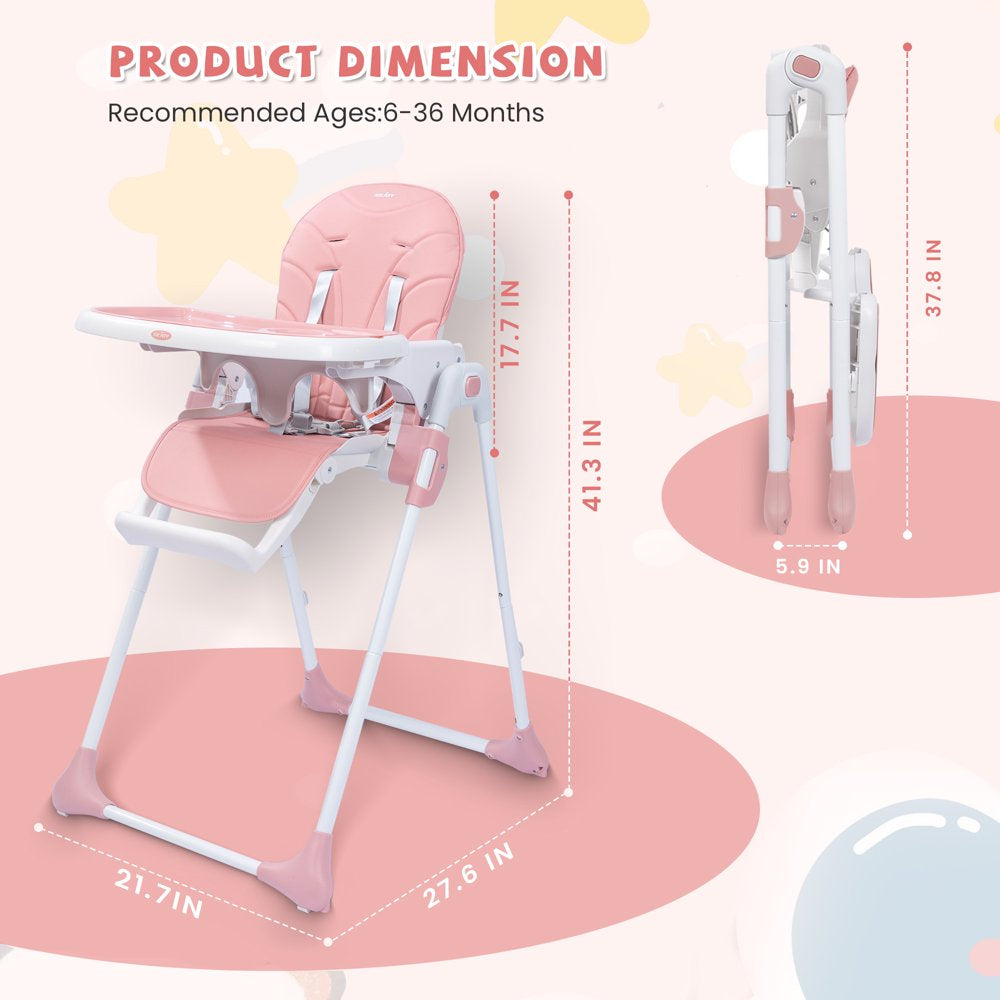 SEJOY Foldable Adjustable 3-in-1 Baby Highchair, Pink, with 6 Height Levels & BPA-Free Tray