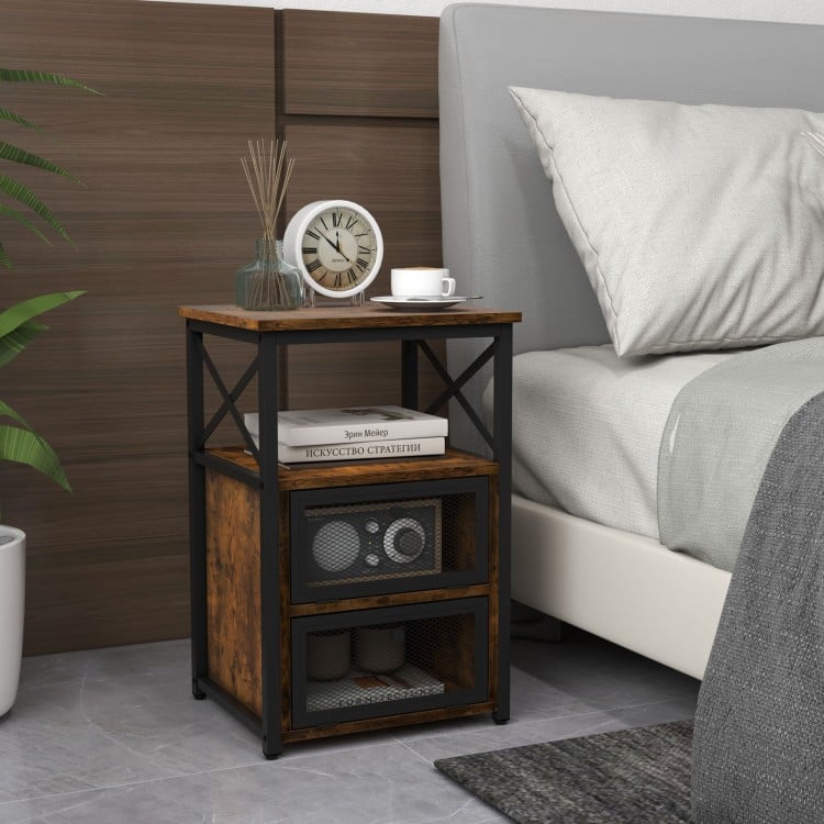 Set of 2 Modern Nightstand with 2 Flip Drawers and Open Shelf