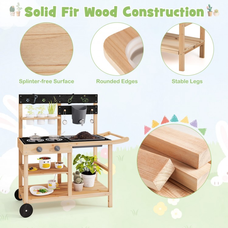 Outdoor Fir Wood Play Kitchen with Blackboard and Planting Pots