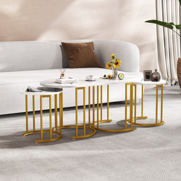 Nesting Coffee Table Set of 3 with Faux Marble Tabletop and Powder-coated Gold Metal Frame