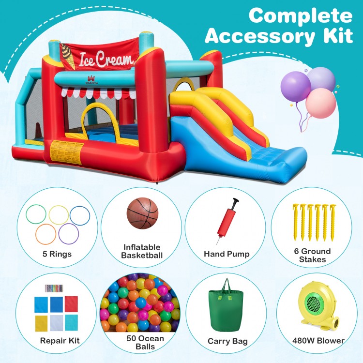 5-in-1 Ice Cream Inflatable Bounce House with Ball Pit and Slide with 480W Blower
