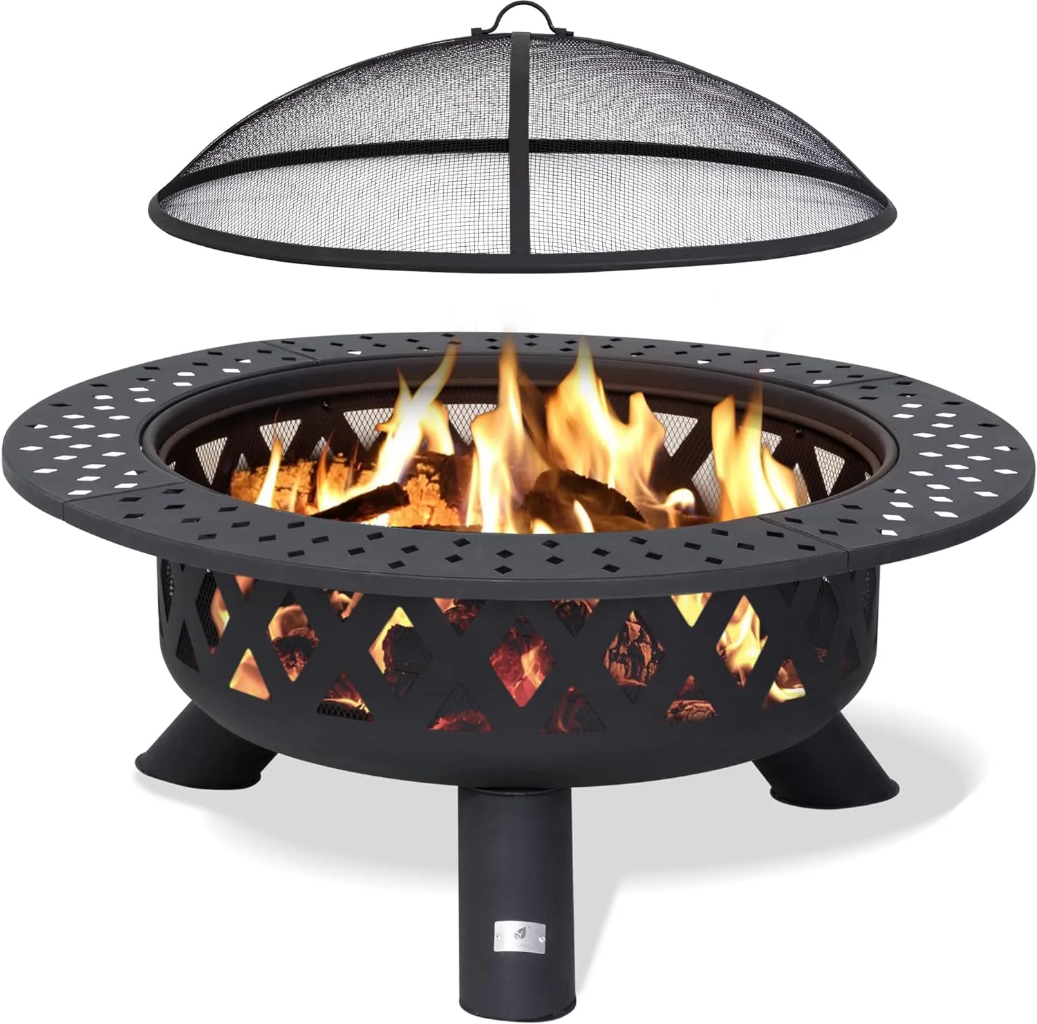 SUNCREAT 42′′ Alloy Steel Outdoor Fire Pit, Wood Burning with Spark Screen & Poker, Black, Round Garden Fireplace