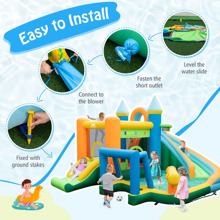 Inflatable Water Slide with Dual Slides and Splash Pool Bounce House with 735W Blower