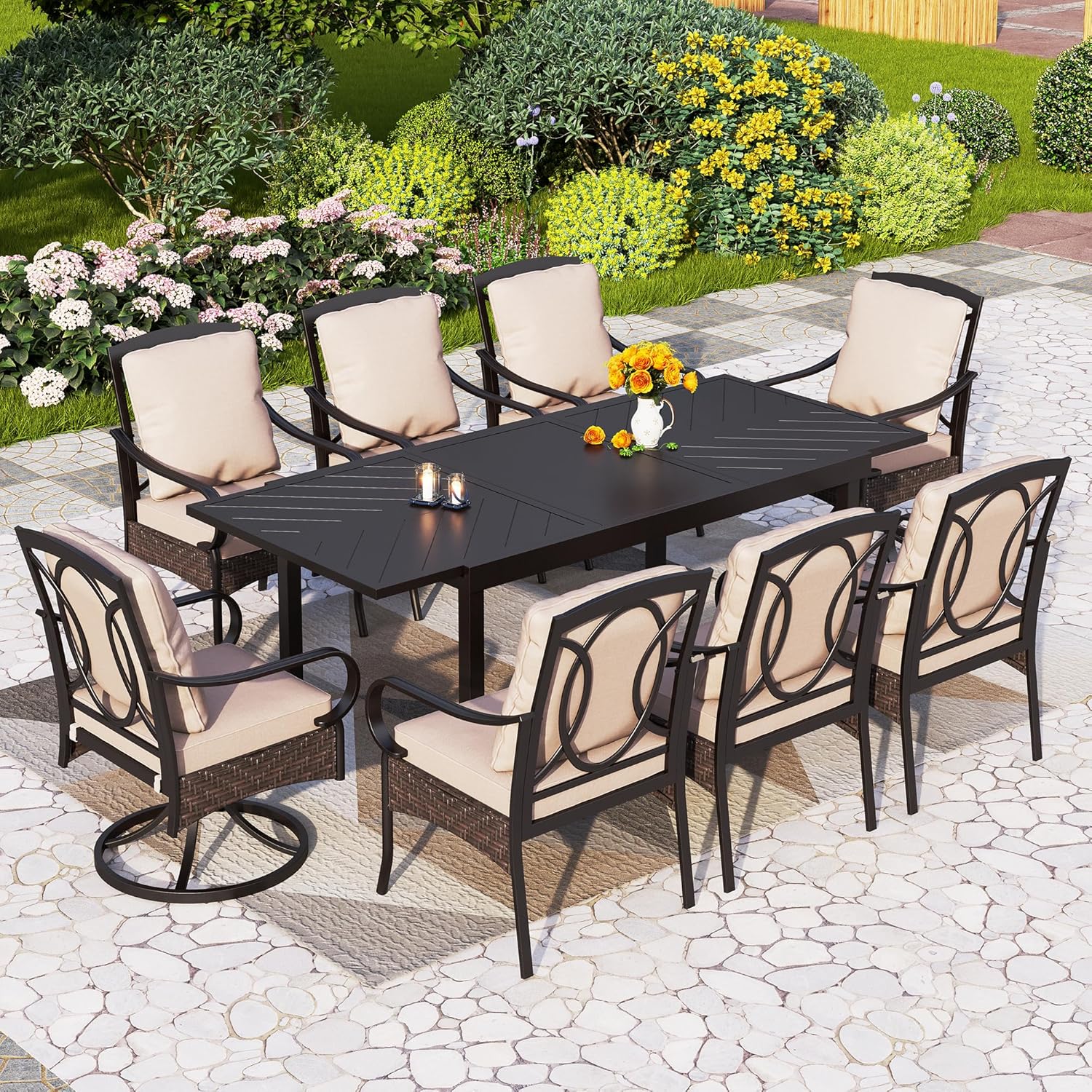 PHI VILLA 6-Piece Outdoor Dining Sets, All-Weather Patio Table and Chairs Set with Umbrella for 4, Heavy Duty Patio Round Table Set for Deck, 4 Extra Large Outdoor Swivel Chairs with Thick Cushions