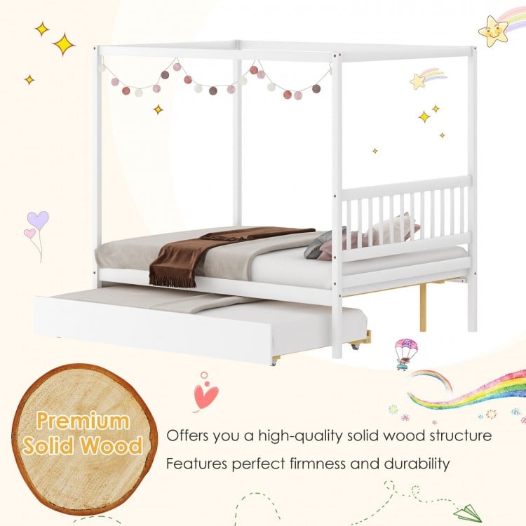 Full Size Canopy Bed Frame with Trundle and Headboard for Kids