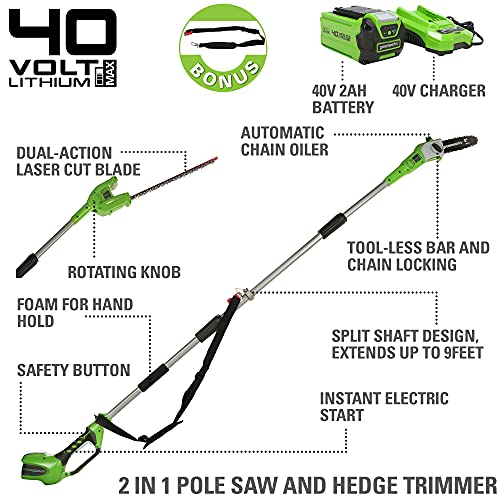 Greenworks 40V Cordless Polesaw & Pole Hedge Trimmer Combo, 8′′ Bar, 20′′ Blade, Dual Action, Automatic Oiler