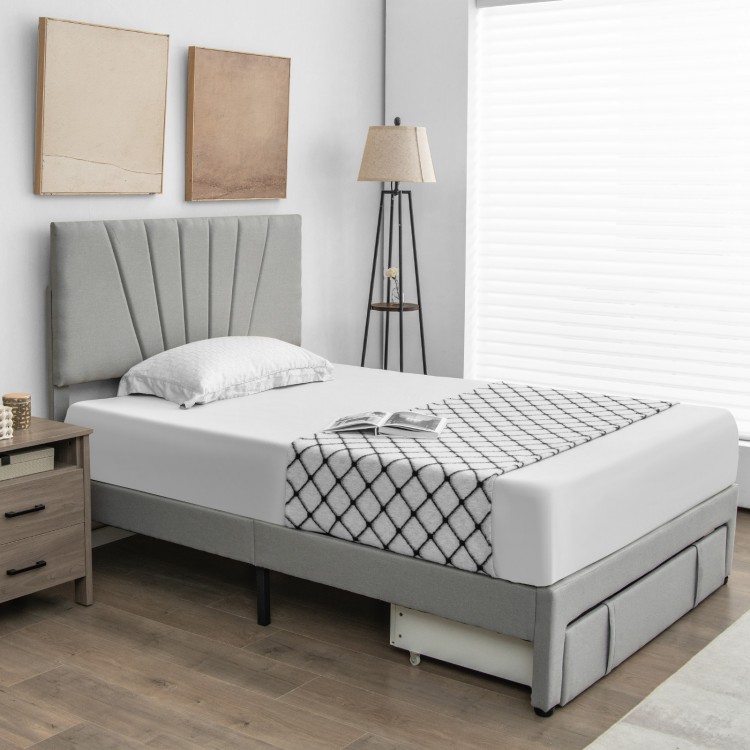 Full/Queen Size Upholstered Bed Frame with Drawer and Adjustable Headboard