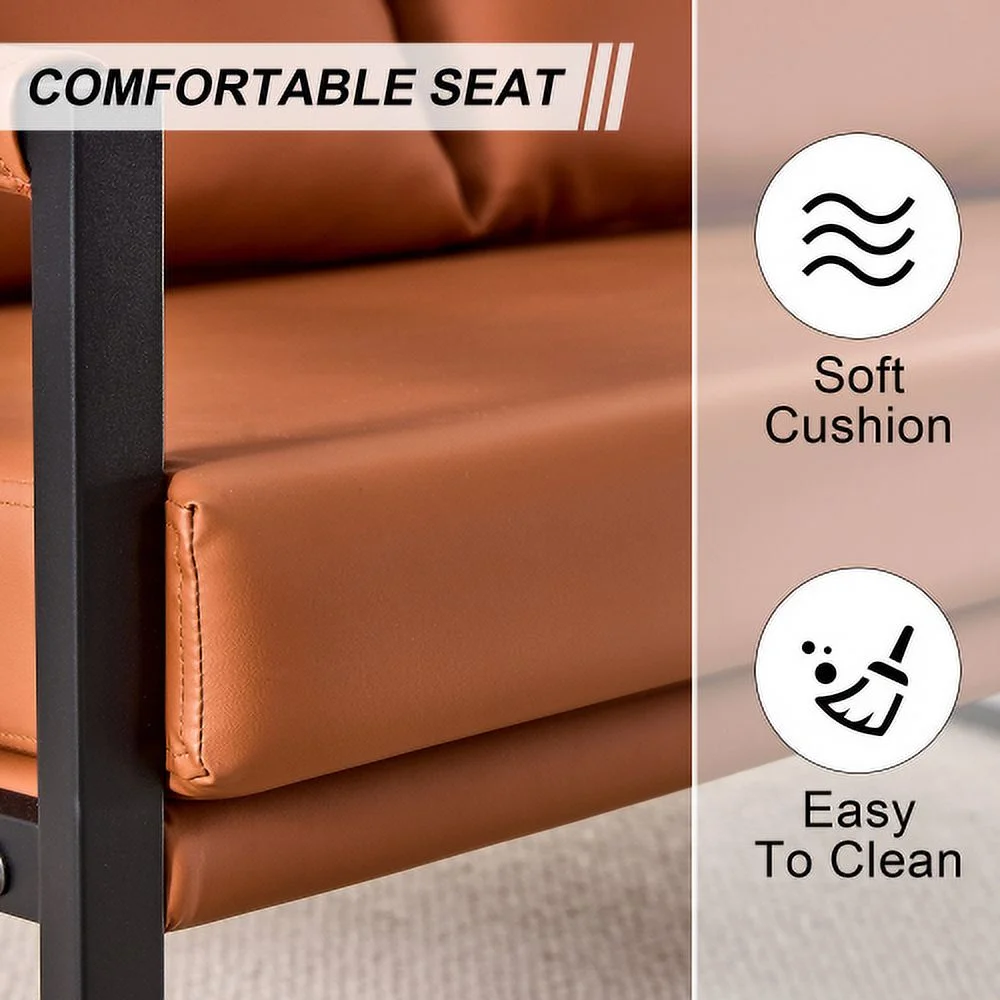 GVJMTKP Modern Brown PU Leather Two-Seater Sofa Chair with Pillows & Metal Frame