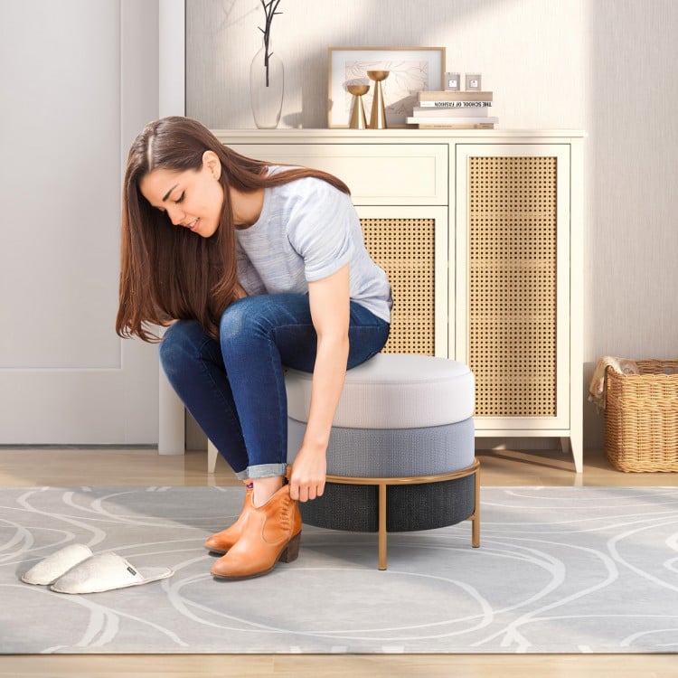 Upholstered Linen Fabric Ottoman with Gold Metal Legs and Anti-slip Foot Pads