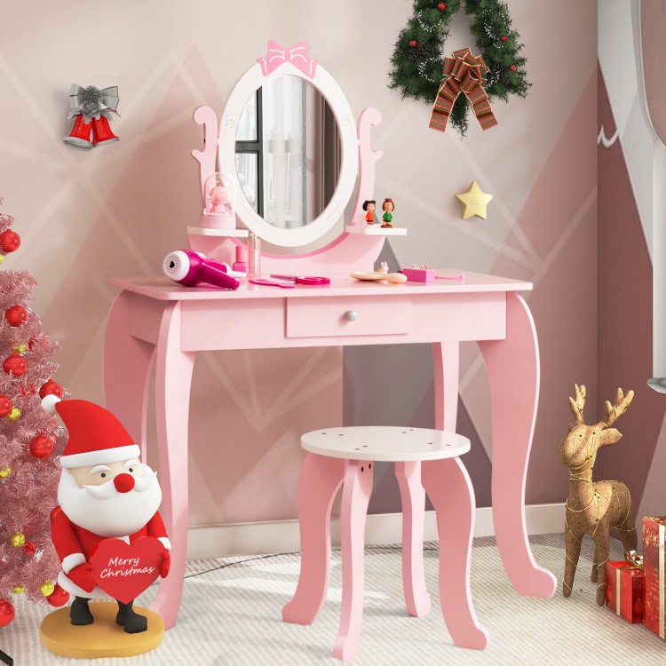Kid Vanity Table Stool Set with Oval Rotatable Mirror