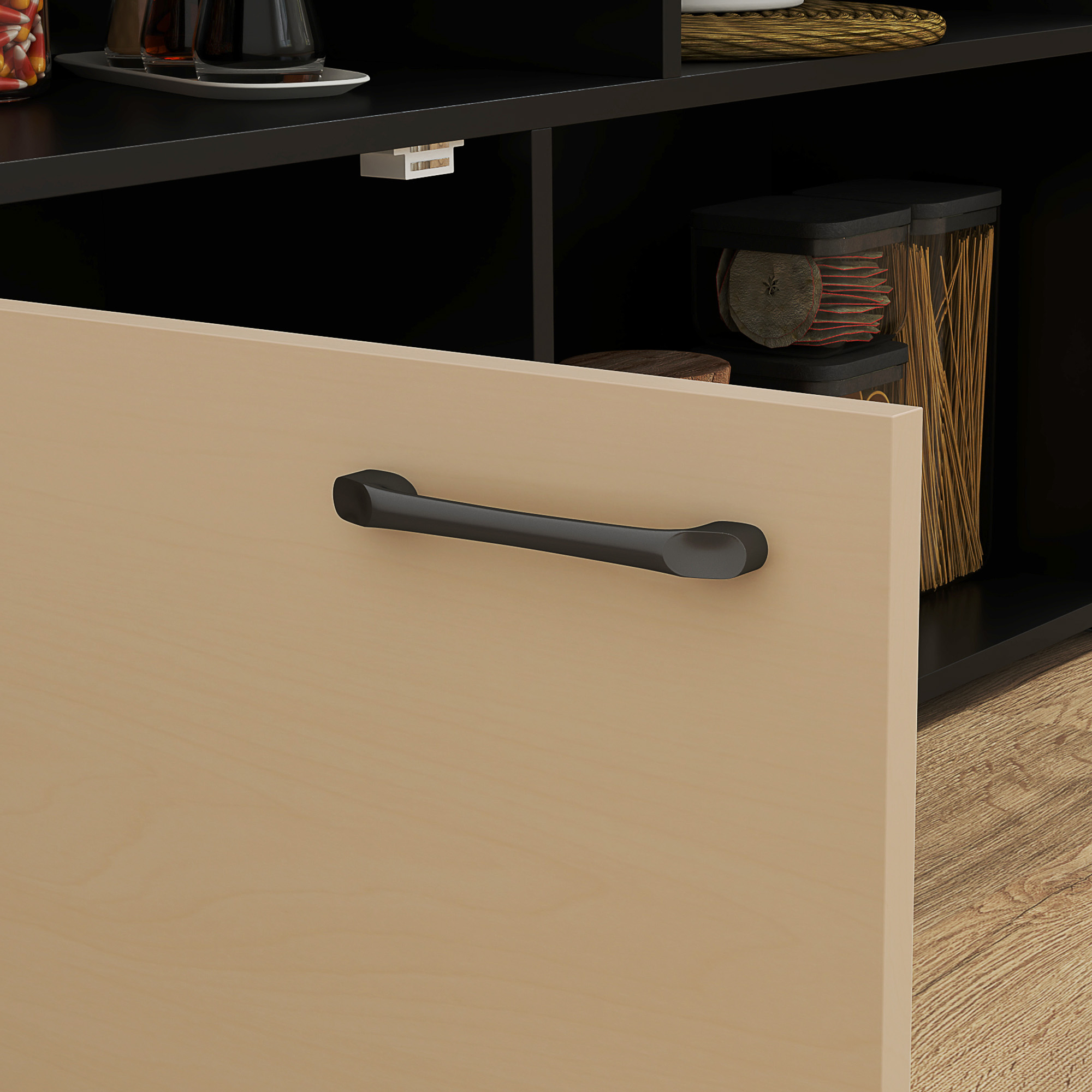 Køkkenø sæt med 2 barstole, sammenklappelig bordplade, opbevaring 116 x 70 x 89,5 cm Sort / Eg