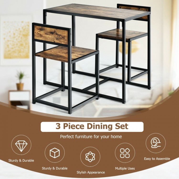 3 Pieces Dining Set Compact Table and 2 Chair with Metal Frame for Small Space