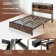 Full/Queen Size Bed Frame with 3-Tier Bookcase Headboard and Charging Station
