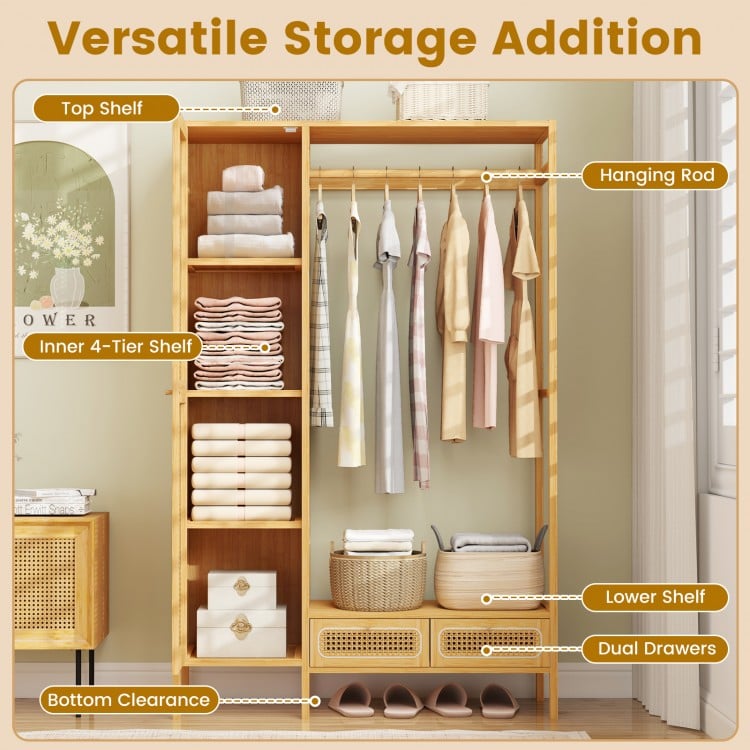 Bamboo Clothing Rack with Cabinet and Drawers and Hanging Rod