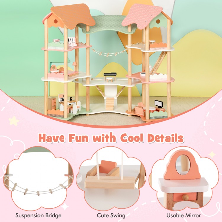 3-Tier Wooden Dollhouse for Kids Aged 3-8 Years Old with 32 Pieces of Accessories