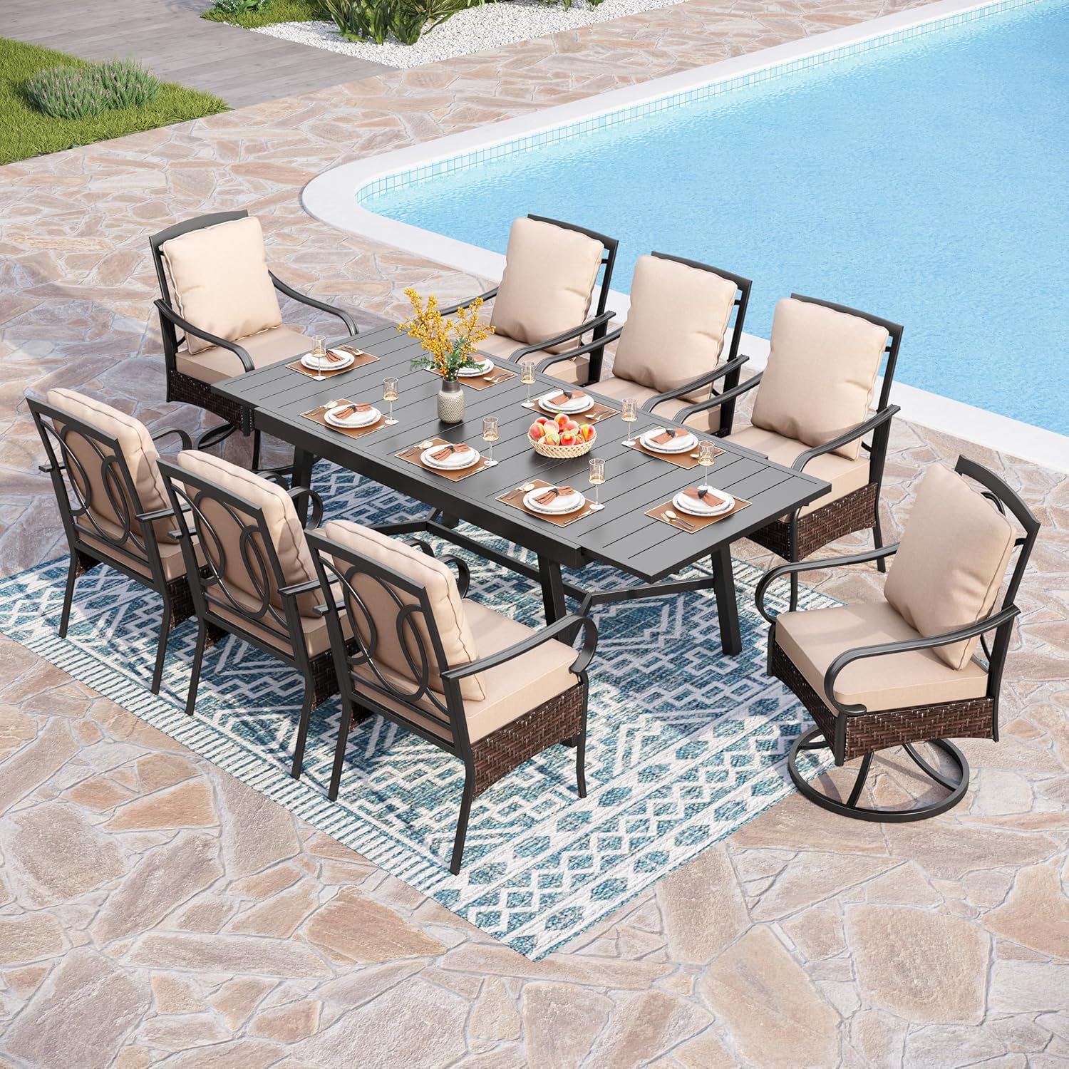 PHI VILLA 6-Piece Outdoor Dining Sets, All-Weather Patio Table and Chairs Set with Umbrella for 4, Heavy Duty Patio Round Table Set for Deck, 4 Extra Large Outdoor Swivel Chairs with Thick Cushions