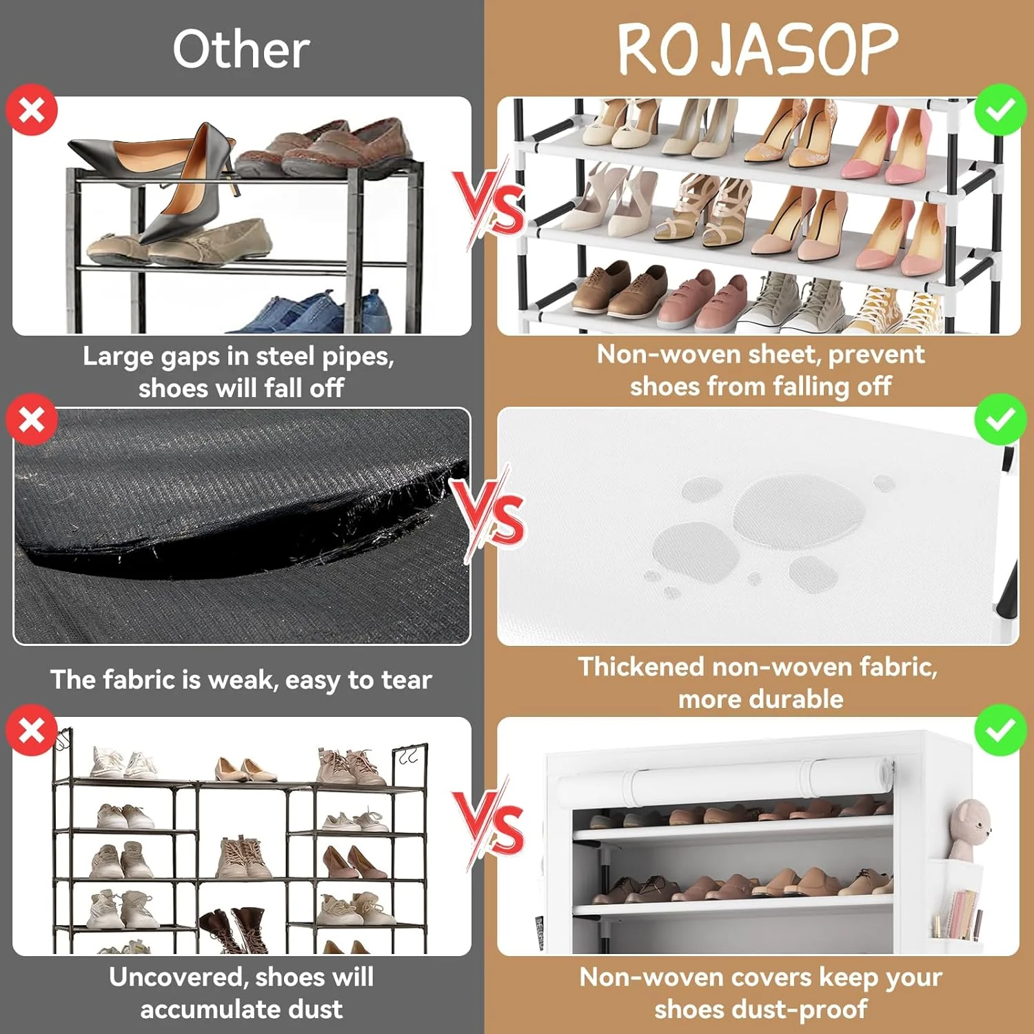 ROJASOP 10 Tier Shoe Rack with Covers,Large Capacity Stackable Tall Shoe Shelf Storage to 50-55 Pairs Shoes and Boots Sturdy Metal Free Standing Shoe Rack Organizer for Closet Entryway Garage
