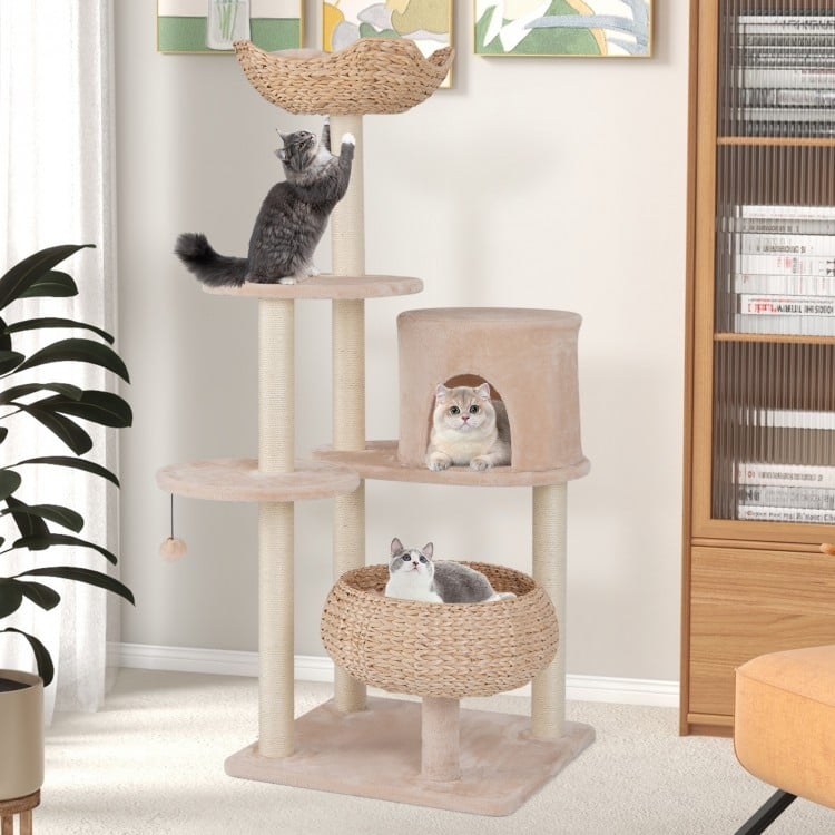 59 Inches Cattail Cat Tower with Sisal Scratching Posts and Soft Hammock