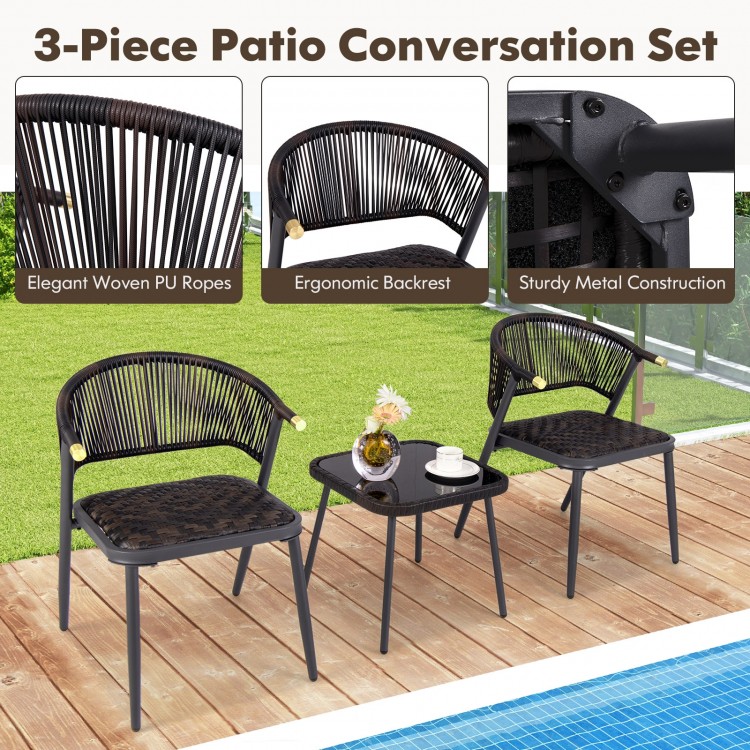 3 Pieces Patio Rattan Furniture Set with Tempered Glass Tabletop for Backyard Poolside