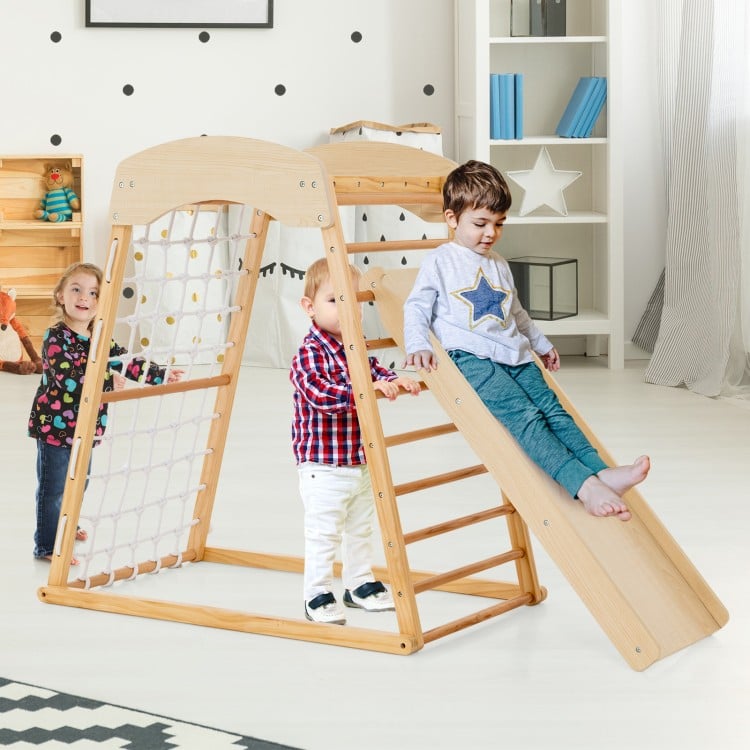 6-in-1 Jungle Gym Wooden Indoor Playground with Double-Sided Ramp and Monkey Bars