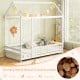 Twin Size Kids House Bed Wooden Floor Bed with Roof and Full-length Safety Guardrail