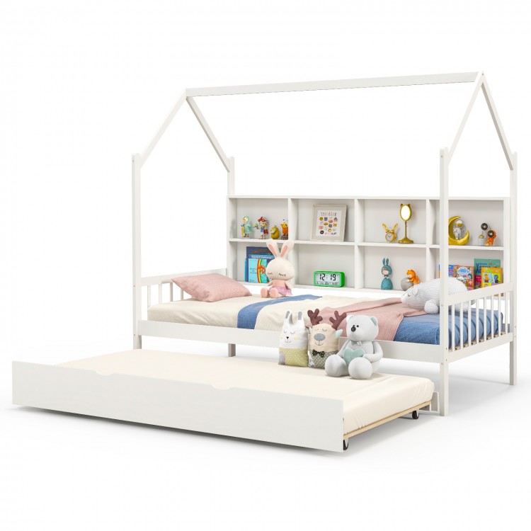 Twin Size Kids Montessori Daybed with Roof and Shelf Compartments