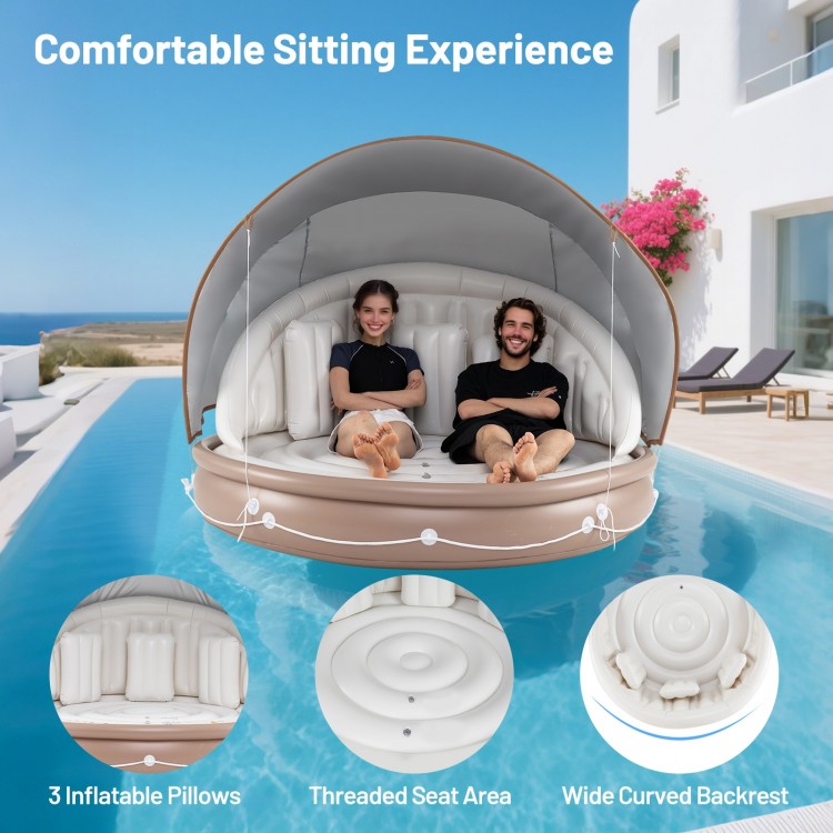 Inflatable Canopy Island Tanning Pool Lounger Float with Retractable Canopy