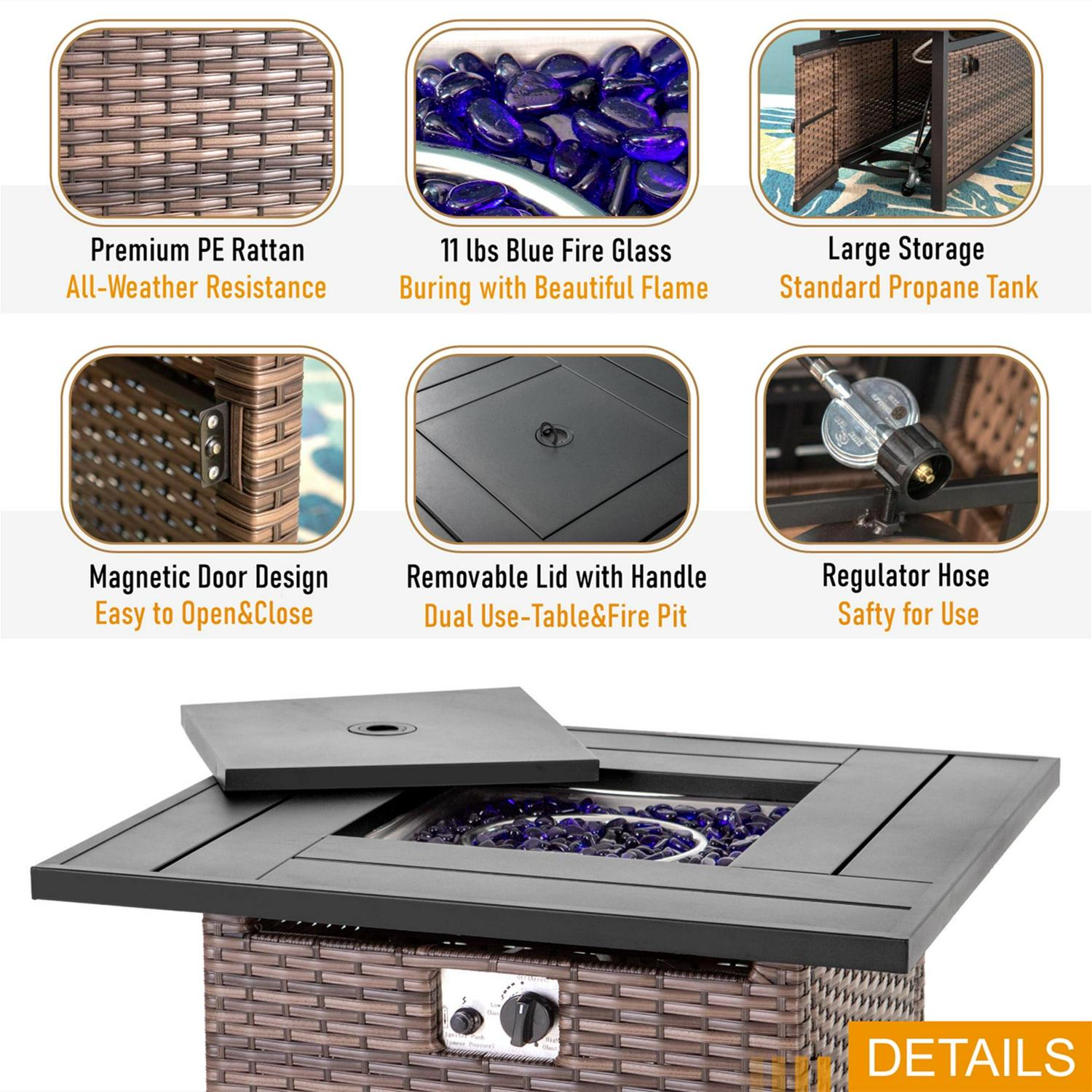 MF Studio 32′′ 50000BTU Brown Wicker Propane Gas Fire Pit Table, Rust Resistant, Square Shape