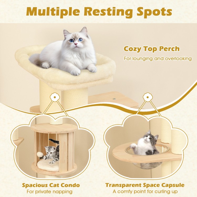 71 Inch Tall Cat Tree Wooden Cat Tower with Cozy Perch Condo Space Capsule