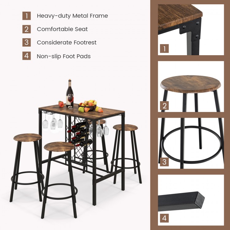 5 Pieces Bar Table and Stools Set with Wine Rack and Glass Holder