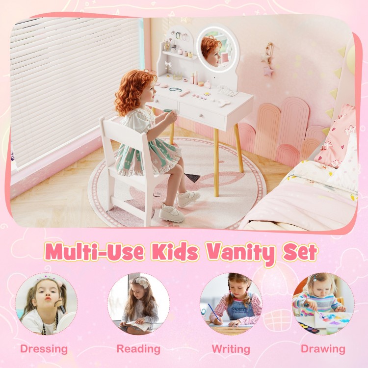 Kids Princess Makeup Dressing Desk and Chair Set with Mirror and Lights
