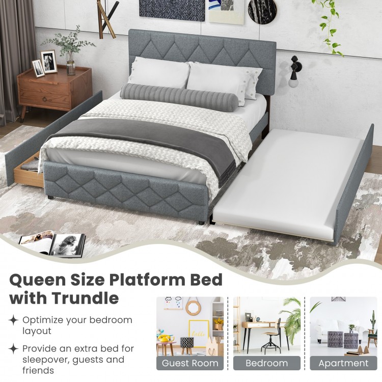 Queen Upholstered Platform Bed with Trundle and 2 Drawers No Box Spring Needed Noise Free