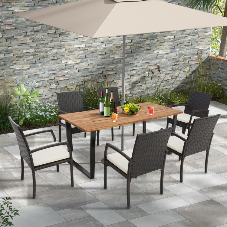 7 Pieces Patio Rattan Dining Set with Umbrella Hole-L-shaped Handrail