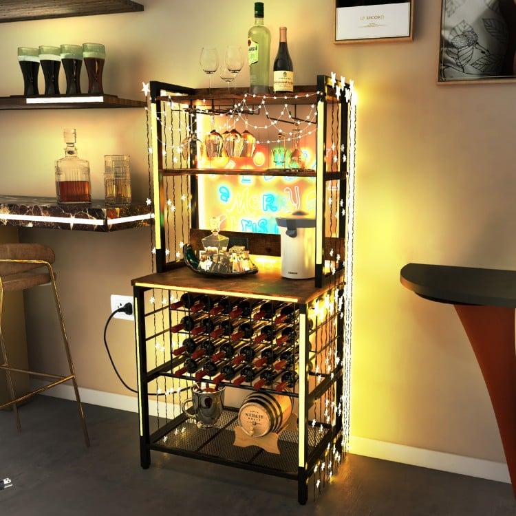 Wine Bar Cabinet Wine Rack with 4 Tier Storage Shelves and Glass Holders