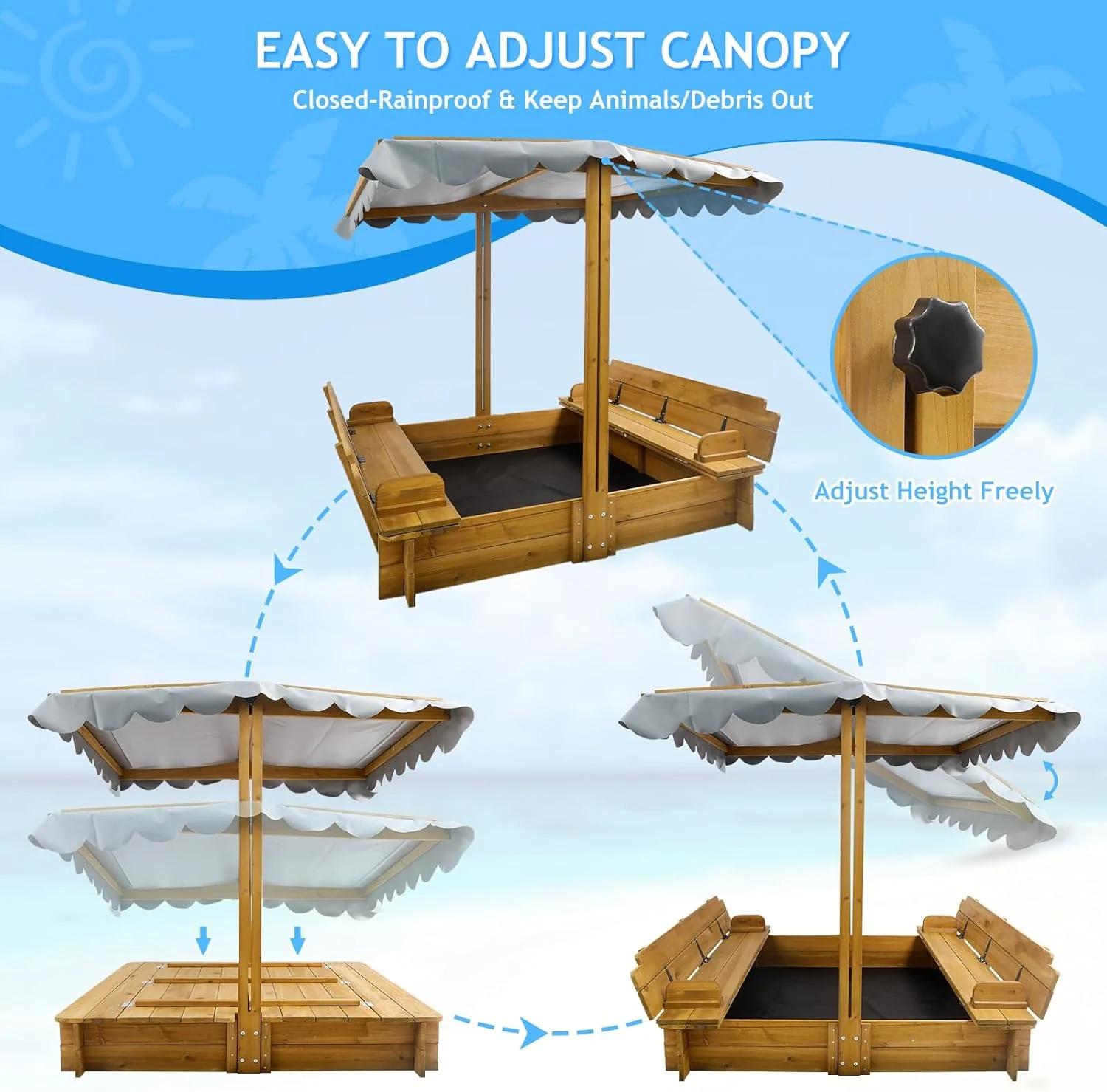Kids Sandbox with Lid, Wooden Sand Box with Cover Outdoor, UV-Protection & Natural Wood, Foldable Bench Seat, Adjustable Canopy, Sand Box for Kids Ages 2-8（47x47in）