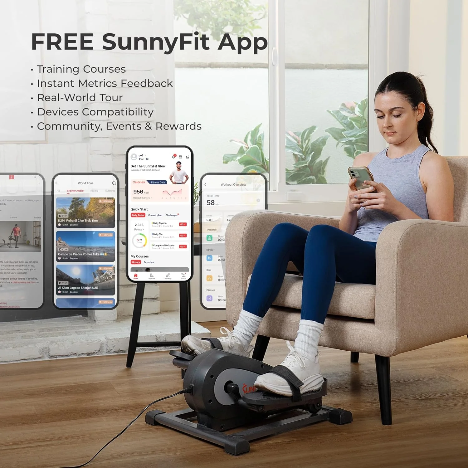 Sunny Health & Fitness Smart Mini Elliptical Trainer, Indoor Under-Desk Pedal Exerciser for Seniors’ Mobility & Cardio Workout, Free SunnyFit App Bluetooth Link, Optional Motorized w/Remote Control
