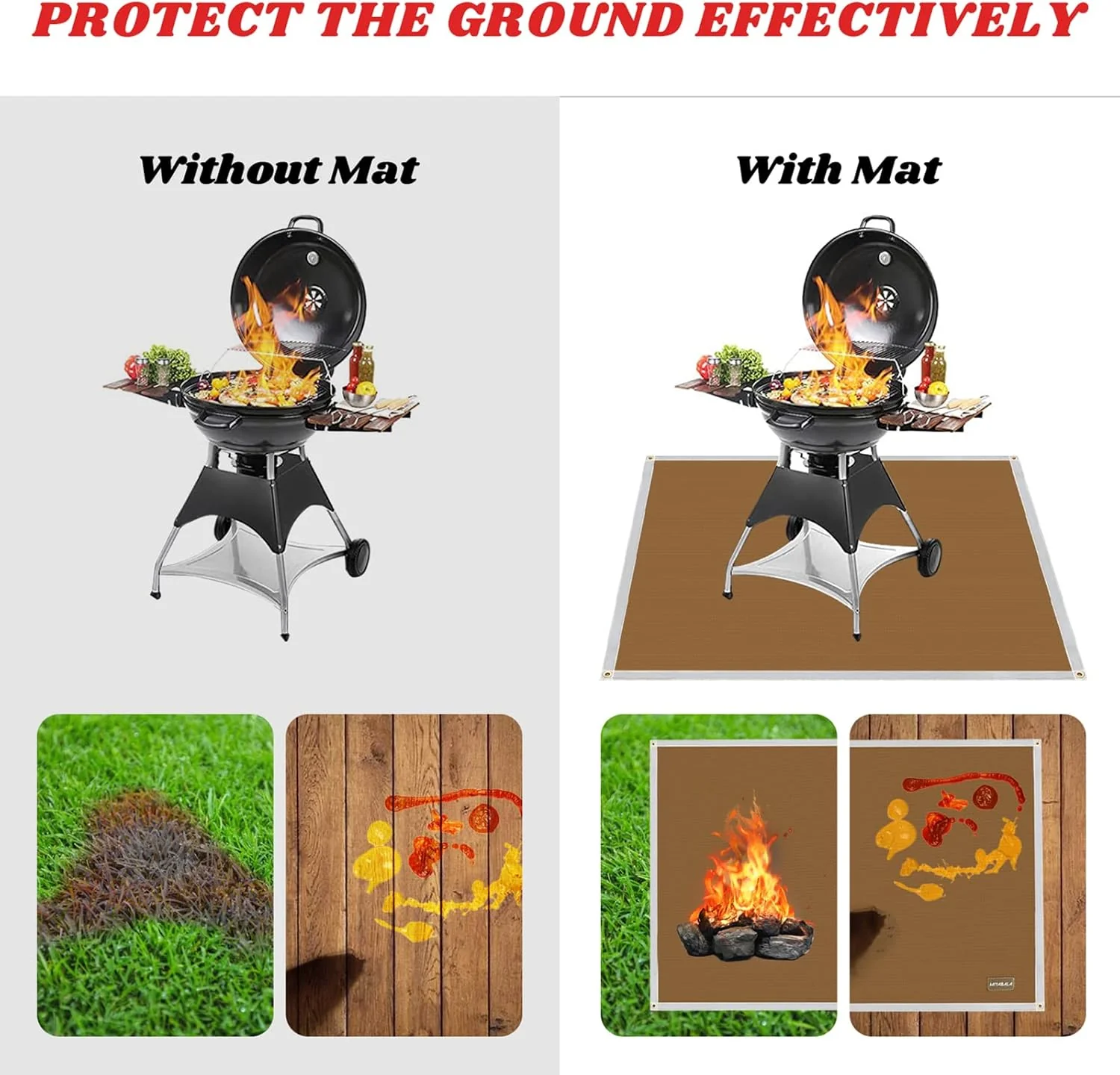 Fireproof Grill Mat by [Brand Name], 70×60 Inch Outdoor Deck Protector, Heat Resistant to 2200°F, Easy to Clean, Includes 4 Garden Studs