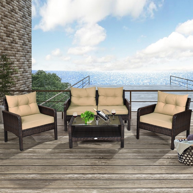 4 Pieces Outdoor Rattan Wicker Furniture Set with Cushions